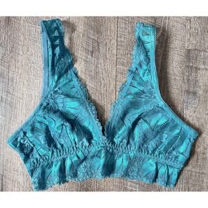 Aerie Teal blue green Floral lace bralette bra‎ romantic sexy size L NWOT